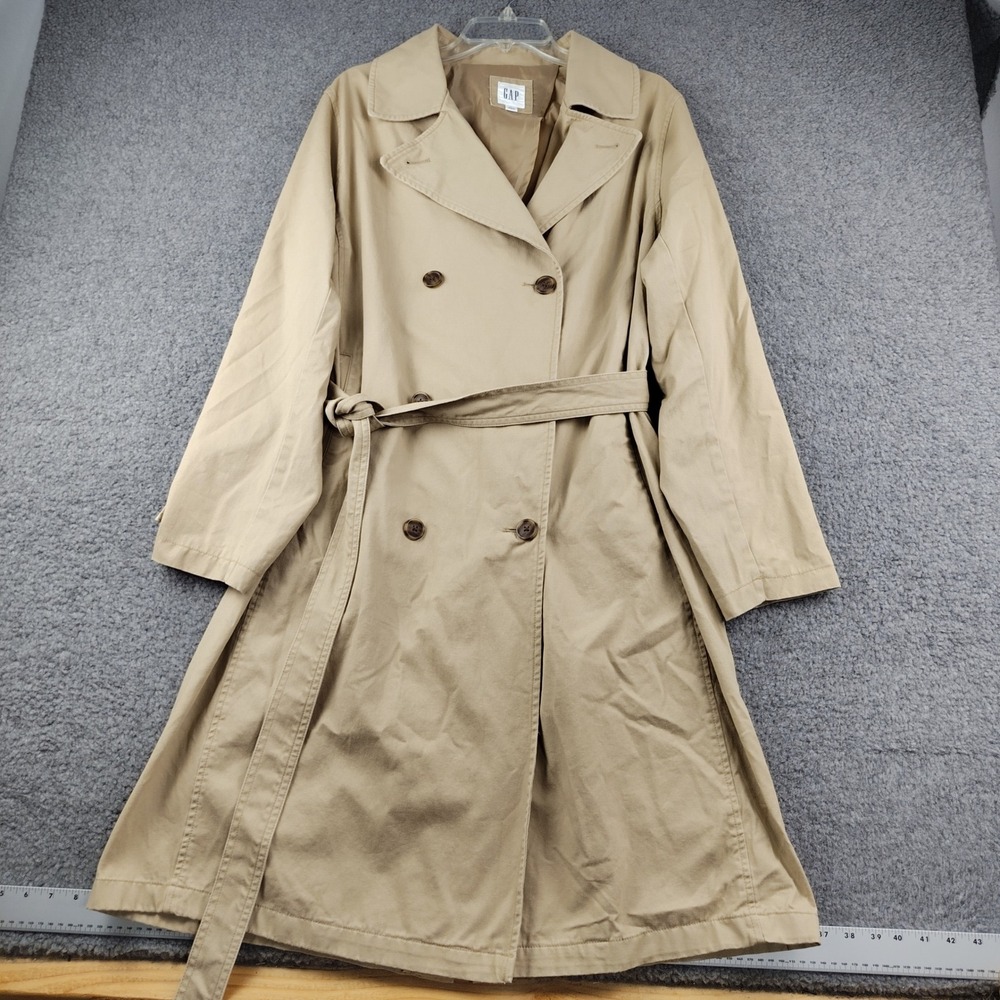 Gap Cotton Trench Coat Sz Large Double Breasted Belted Tan Quiet Luxury EUC